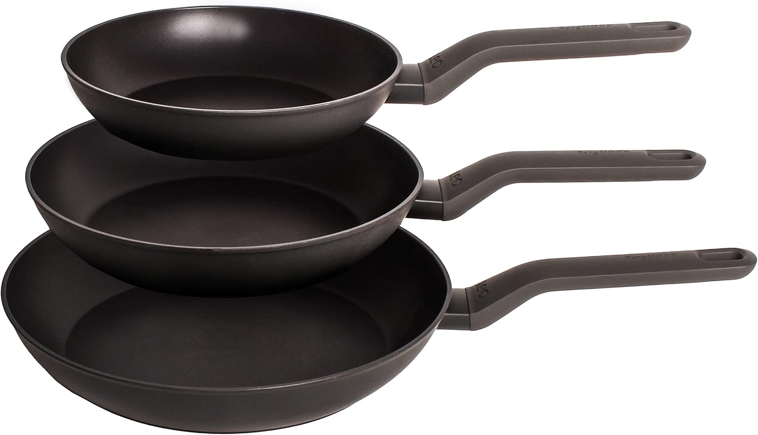 Berghoff LEO 3Pc Non-stick Frying Pan Set 8', 10', 11' Cast Aluminum Ferno-Green, PFOA Free Coating Soft-touch Stay-cool Handle Induction Cooktop Fast Heating, Dark Grey