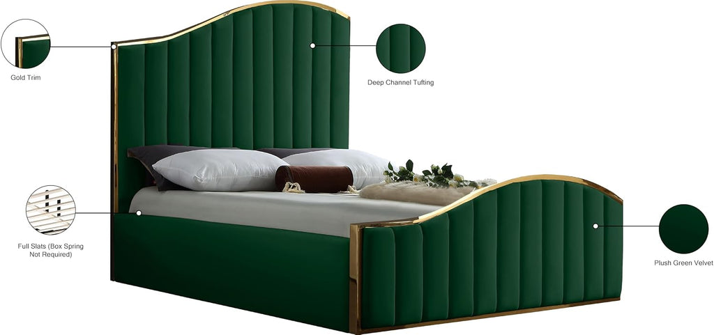 Meridian Furniture Jolie Collection Modern | Contemporary Velvet Upholstered Bed With Channel Tufting, And Polished Gold Metal Frame, Green, Queen