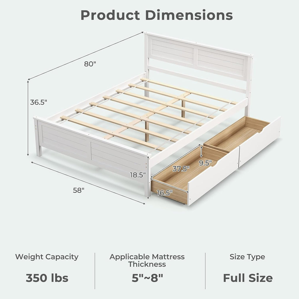 Giantex Wood Full Size Bed Frame with 2 Storage Drawers, Solid Wood Platform Bed with Headboard, Wooden Slats Mattress Foundation, No Spring Needed, Full Bed Frame for Kids, Teens, Adults, White