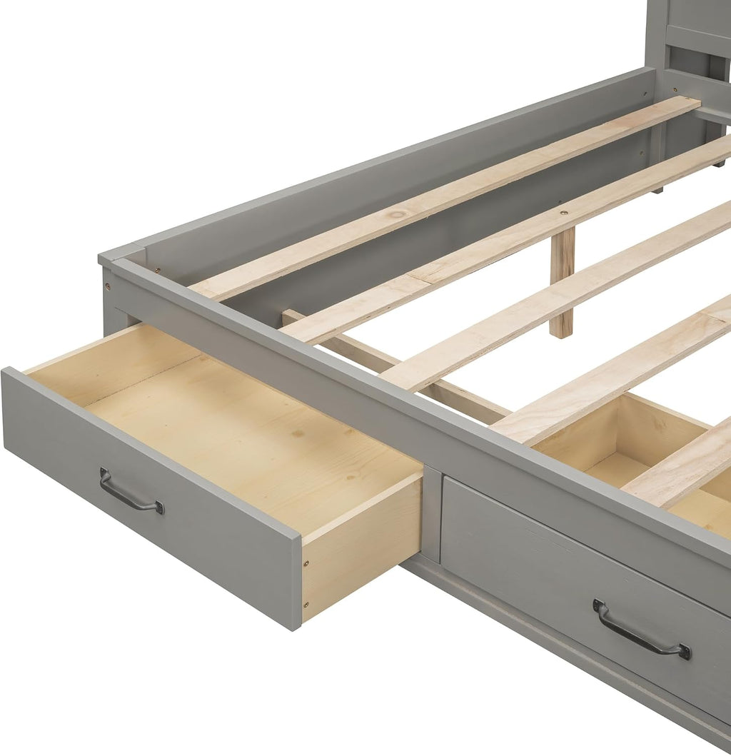 Merax Full Size Daybed with 3 Storage Drawers,Headboard with Shelf,A Set of Sockets and USB Ports,Grey