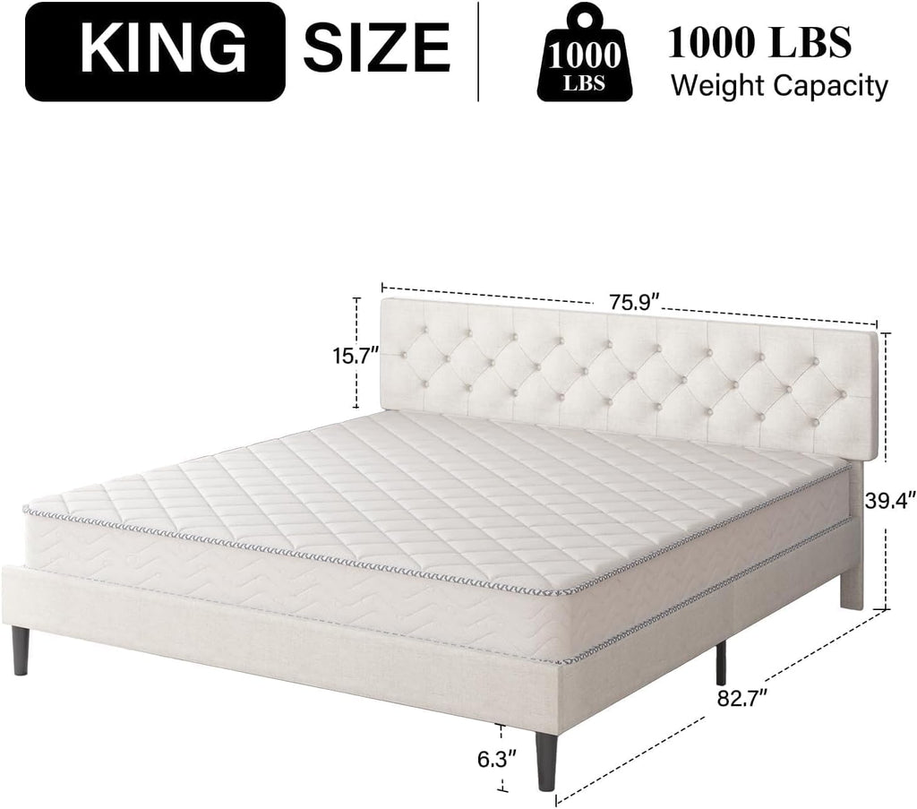 HOMBCK King Size Bed Frame, Linen Fabric Upholstered Bed Frame King Size with Headboard, Wood Slats Support, Button Tufted Design, No Box Spring Needed, White