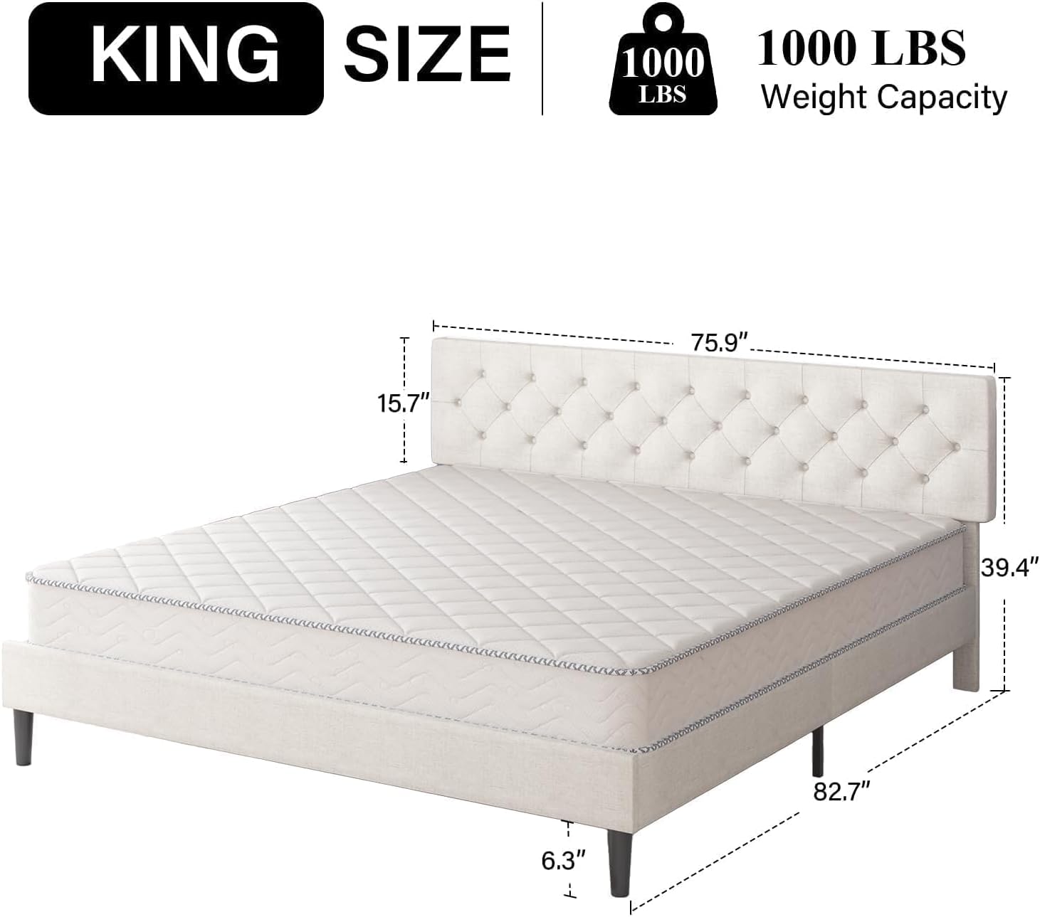 HOMBCK King Size Bed Frame, Linen Fabric Upholstered Bed Frame King Size with Headboard, Wood Slats Support, Button Tufted Design, No Box Spring Needed, White