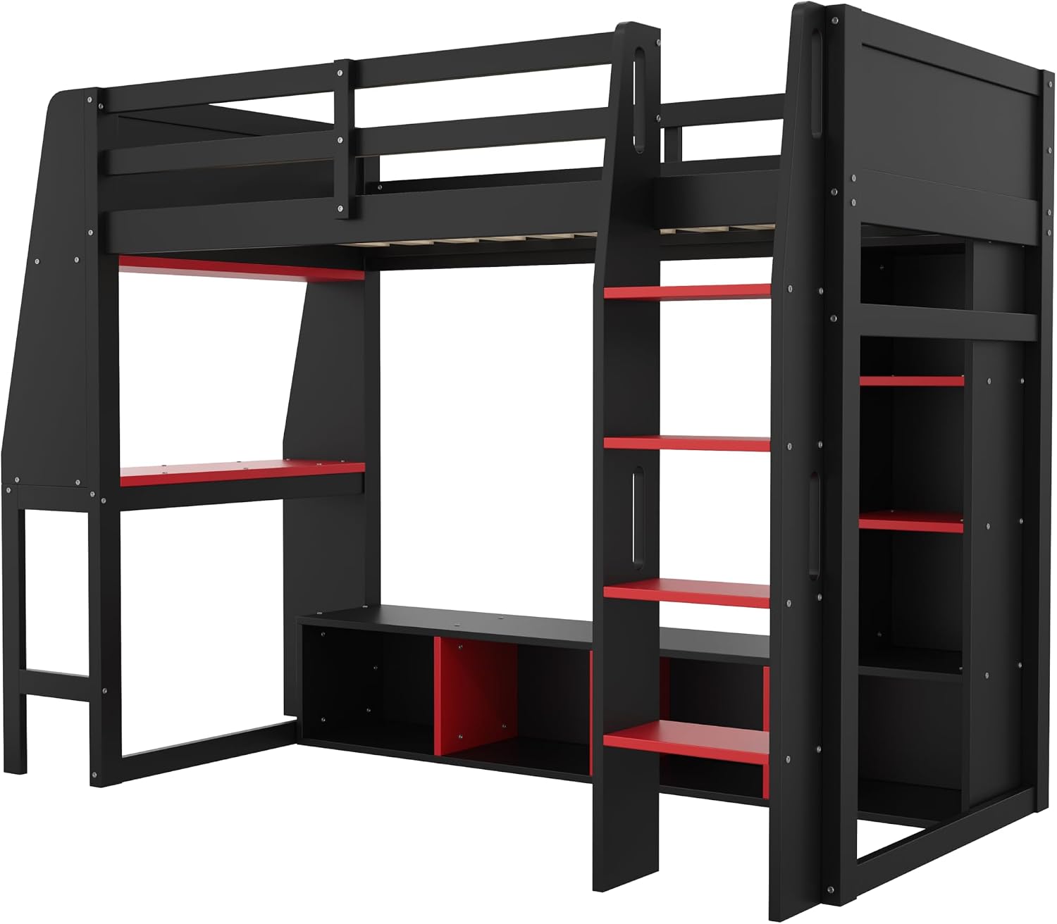 Harper & Bright Designs Twin Size Loft Bed with Gaming Desk,Storage Shelves,LED Light and Hanging Rack,Solid Wood Loft Bed Frame with Under-Bed Space,Esports Design for PC & Console Gamers,Black