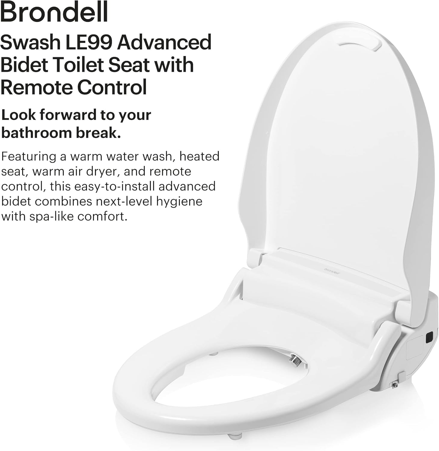 Brondell LE99 Bidet Toilet Seat, Fits Elongated Toilets, Electric Bidet with Remote, Warm Air Dryer, Strong Wash Mode, Stainless-Steel Nozzle, Saved User Settings & Easy Installation