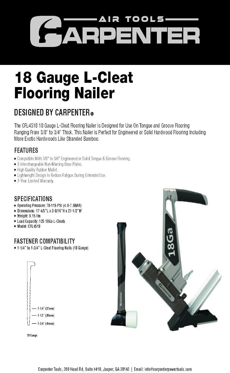 CFL4518-18 Gauge L Cleat Flooring Nailer with Mallet