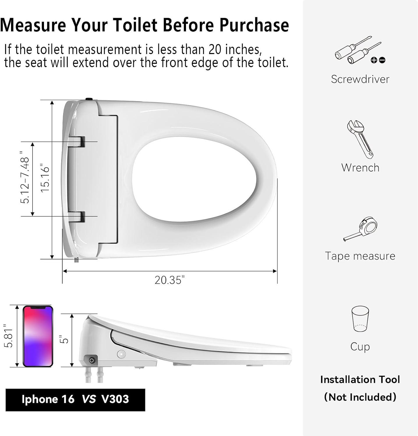 R&T V303 Electric Bidet Seat, Auto-Open Elongated Toilet Seat, Instant Warm Water, Adjustable Heated Seat, Air Dryer, Night Light, Remote Control, Bidet Attachment for Toilet