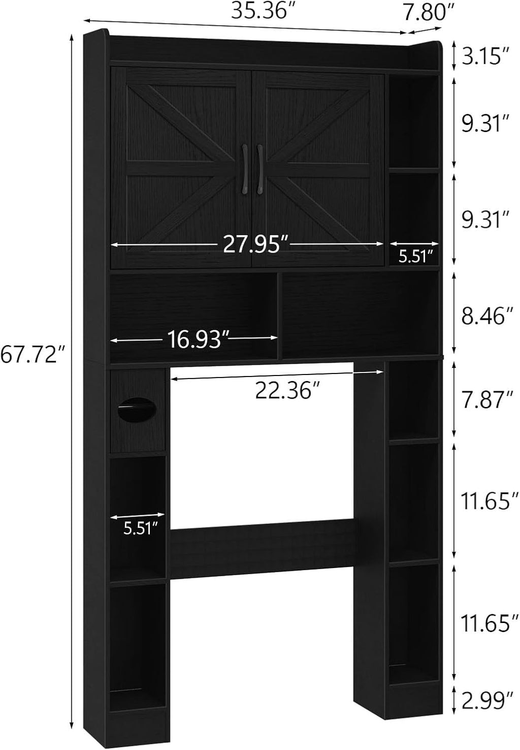 Vabches Over The Toilet Cabinet, Double Doors Bathroom Shelf Organizer with Toilet Paper Holder Stand and Open Storage Shelf, Small Freestanding Space Saver for Restroom, Bathroom, Laundry, Black
