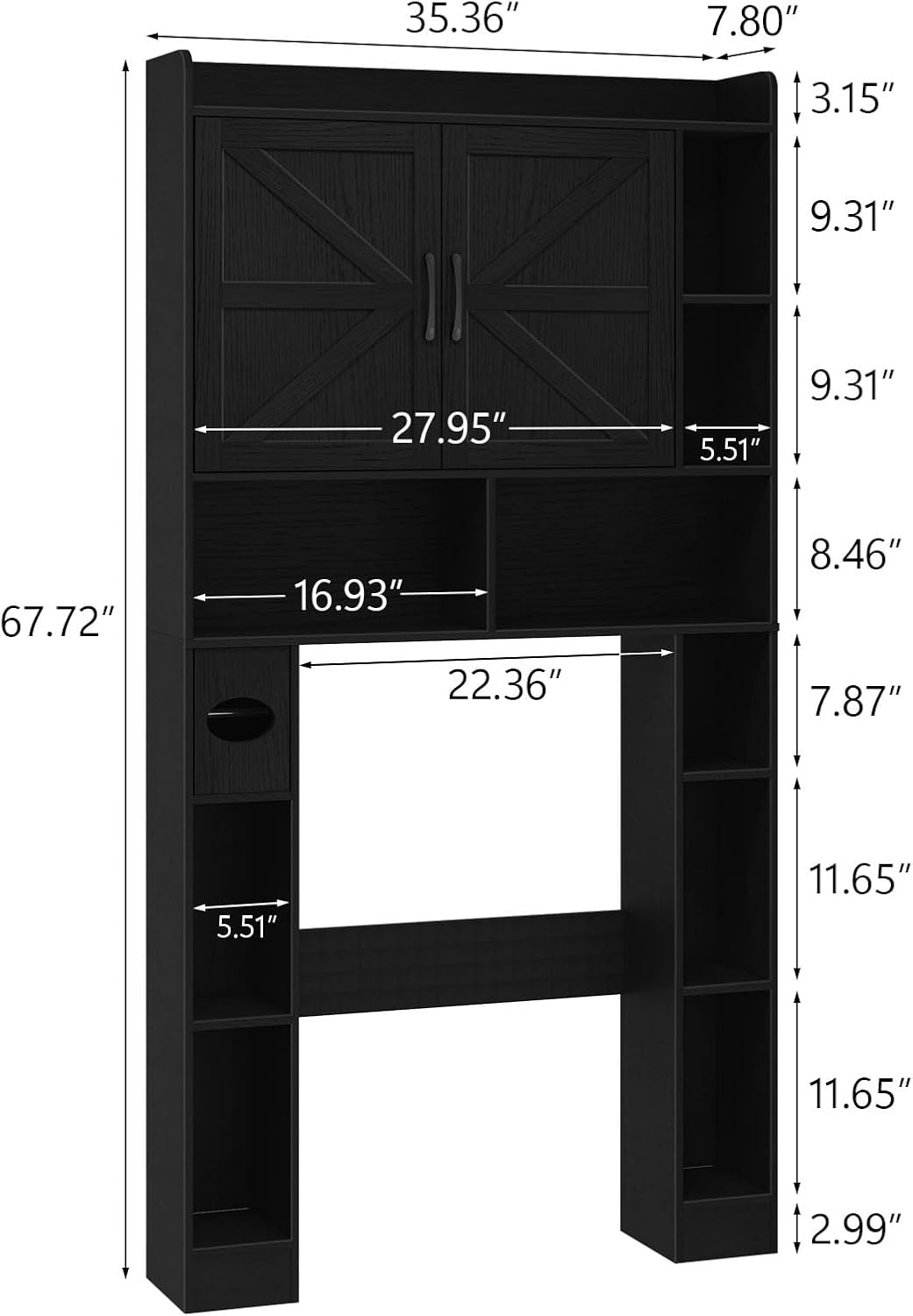 Vabches Over The Toilet Cabinet, Double Doors Bathroom Shelf Organizer with Toilet Paper Holder Stand and Open Storage Shelf, Small Freestanding Space Saver for Restroom, Bathroom, Laundry, Black
