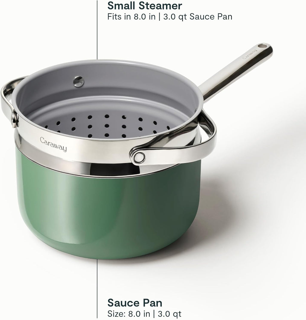 Caraway Nonstick 3 Qt Ceramic Sauce Pan with Lid & Steamer - Non Toxic, PTFE & PFOA Free - Oven Safe & Compatible with All Stovetops (Gas, Electric & Induction) - Sage