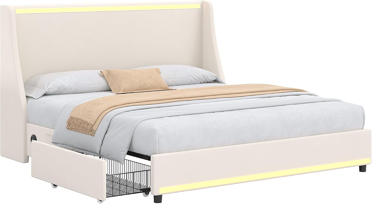 VECELO Full Size Bed Frame with Storage Drawers, Upholstered Platform Bedframe with Wingback Headboard, No Box Spring Needed, Beige