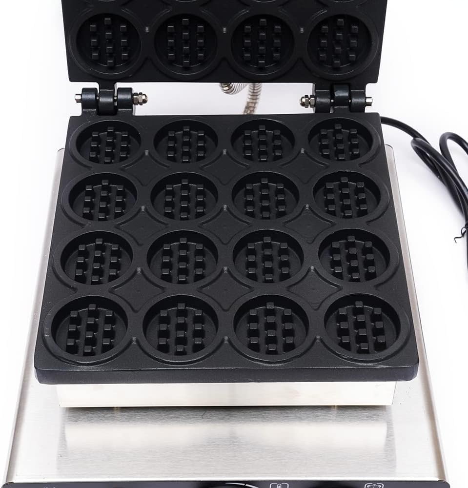 16 Grids Electric Stainless Steel Mini Round Waffle Maker Machine, Non-Stick Teflon Coating, Time & Temperature Control, Commercial Waffle Maker for Bakeries, Cafes, Restaurants