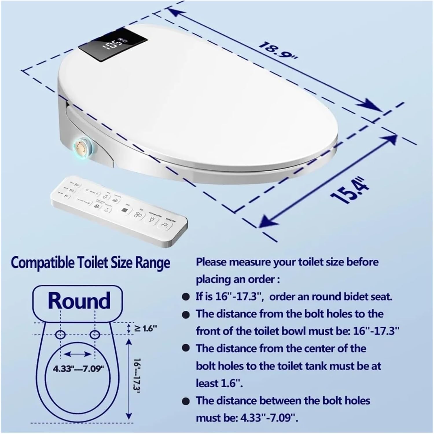 Smart Bidet Toilet Seat Round, Electronic Heated with Adjustable Warm Air Dryer, Unlimited Water(Round)