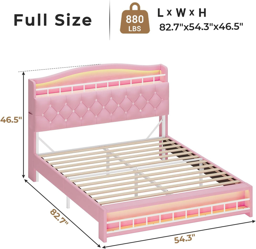 HAUOMS Full Bed Frame with LED Lights, Princess Velvet Upholstered Platform Bed for Girls, Headboard with Charging Station & Guardrail & Crystal Button, No Box Spring Needed, Pink