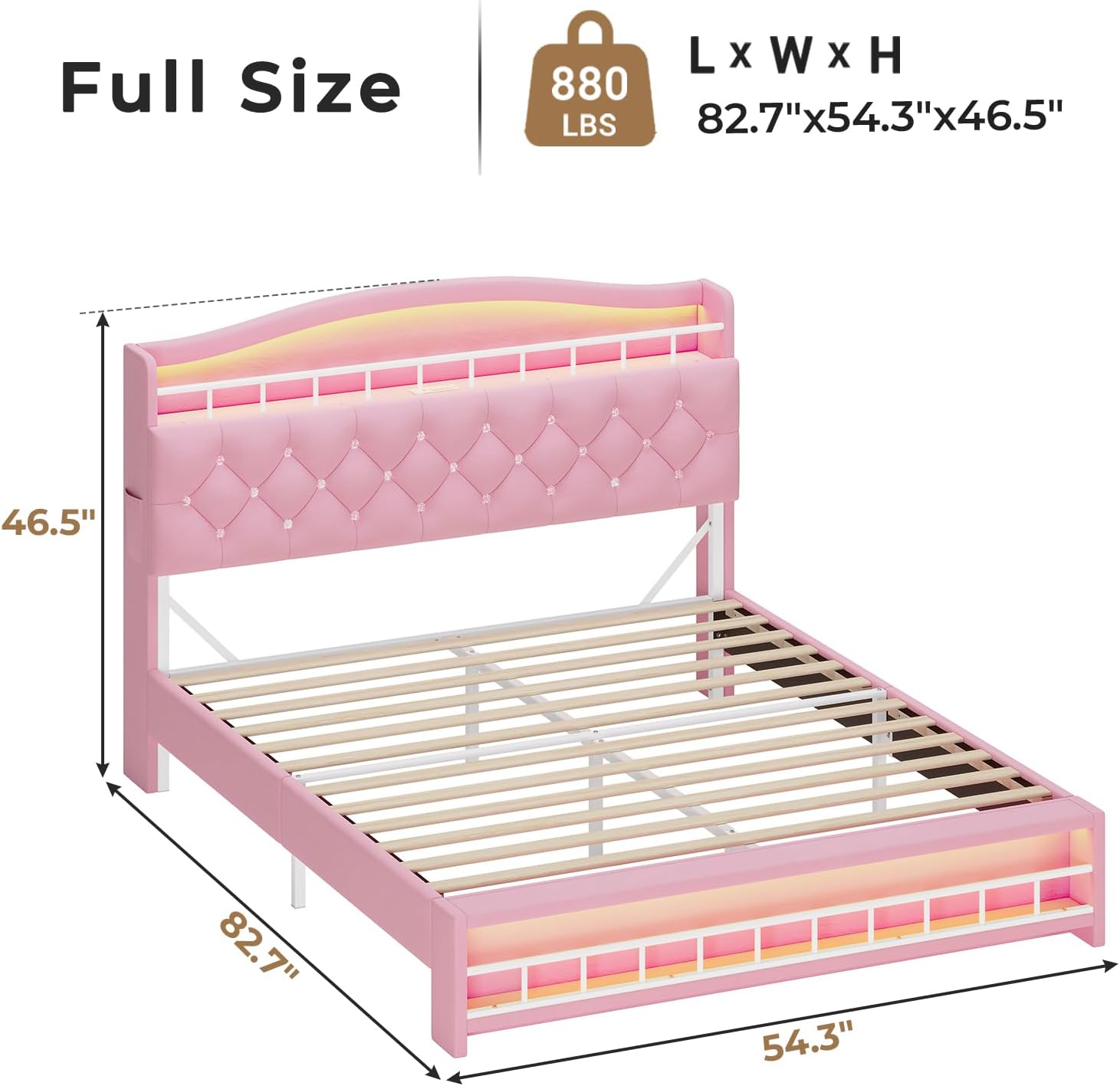 HAUOMS Full Bed Frame with LED Lights, Princess Velvet Upholstered Platform Bed for Girls, Headboard with Charging Station & Guardrail & Crystal Button, No Box Spring Needed, Pink