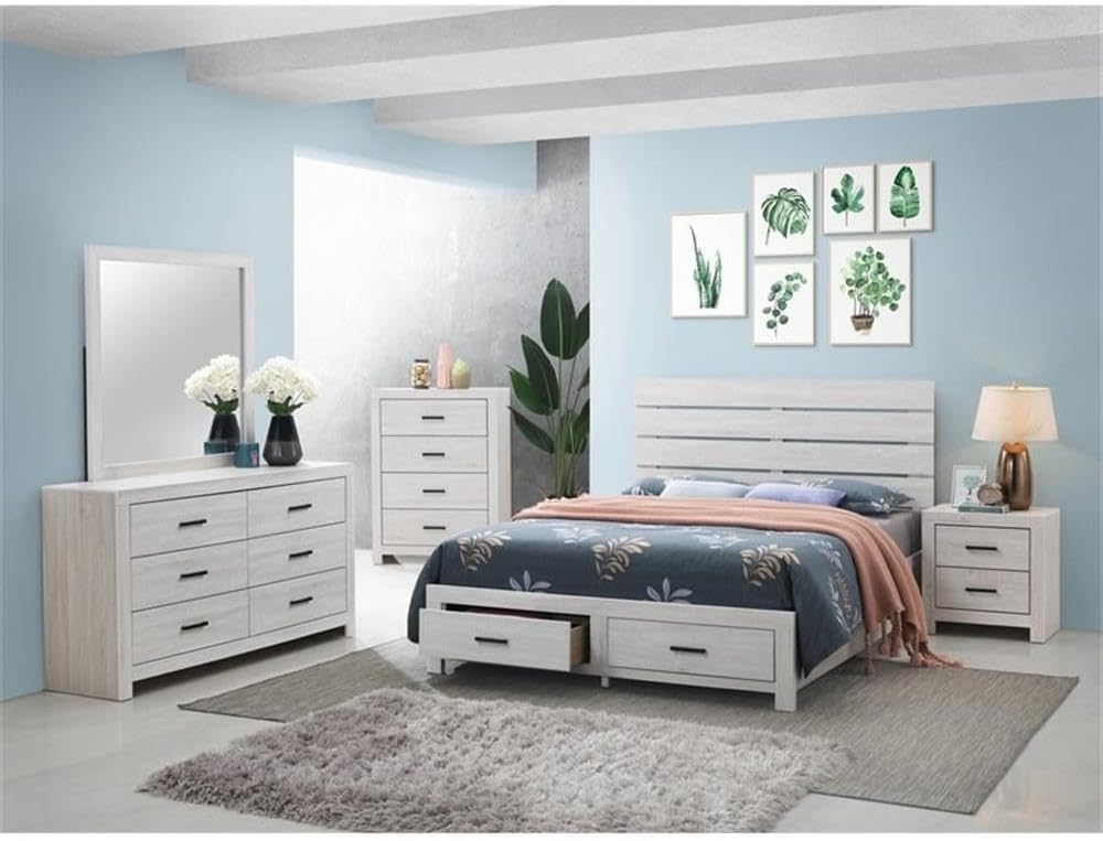 Coaster Home Furnishings Brantford Farmhouse 5-Piece Bedroom Set Eastern King Size Storage Panel Bed Frame 49-inch Headboard Coastal White 207050KE-S5