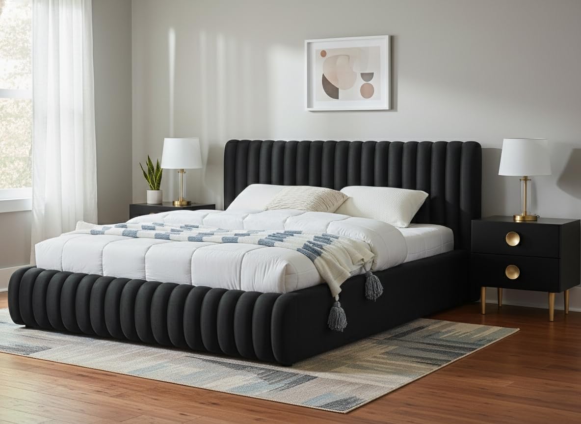 Meridian Furniture NicoBlack-F Nico Collection Modern | Contemporary Velvet Upholstered Full Bed with Rich Black Velvet and Deep Channel Tufting, 68' W x 86' D x 38' H, Black, Full