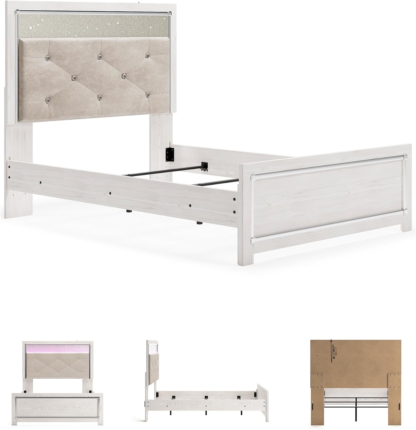Signature Design by Ashley Altyra Contemporary Adjustable Tufted Full Upholstered Panel Bed with LED Lights and Metal Slats, Foundation or Box Spring Needed, White & Gray