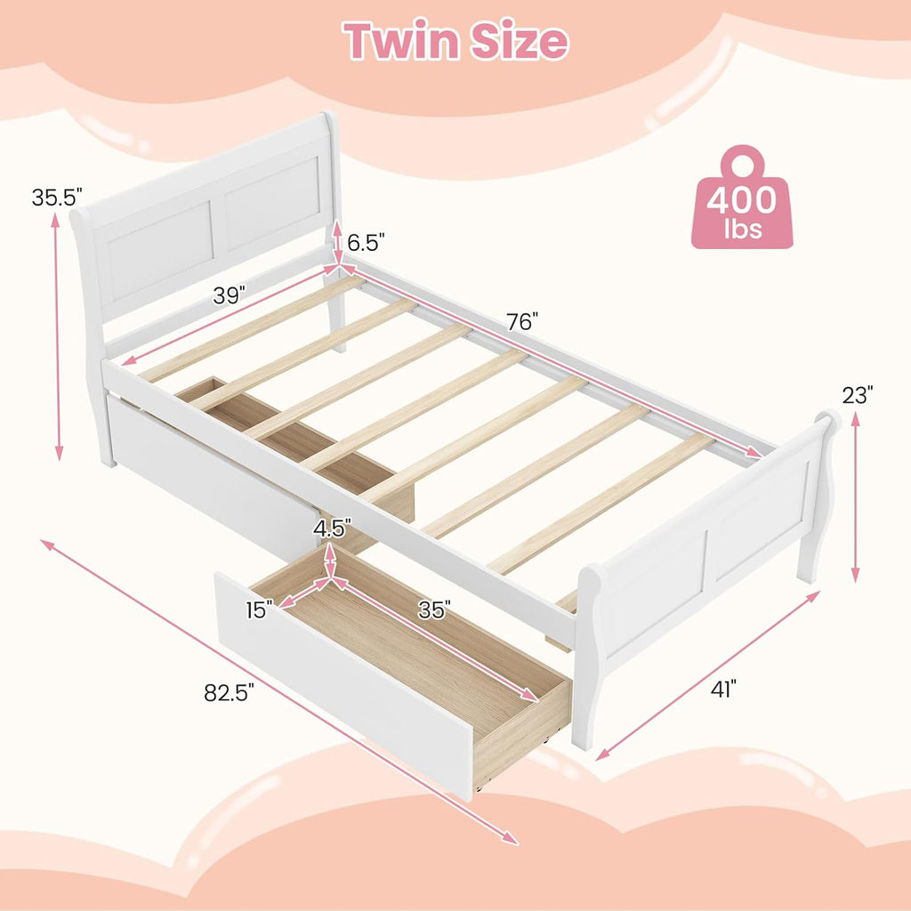 KOMFOTT 2 Twin Bed with 2 Drawers, Twin Storage Bed with Headboard for Bedroom, Sleigh Wood Bed Frame with Wooden Slats Support for Kids, Teens, Adults, No Box Spring Needed (White)