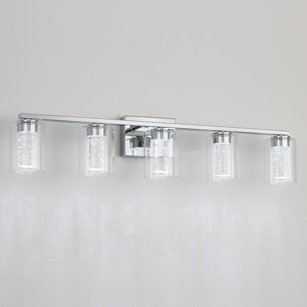EMONG 5-Light Chrome Bathroom Light Fixtures,Dimmable 5CCT LED Vanity Lights with Clear Glass,2700K-6500K Adjustable Crystal Bubble Bathroom Lights Over Mirror for Hallway,Living Room