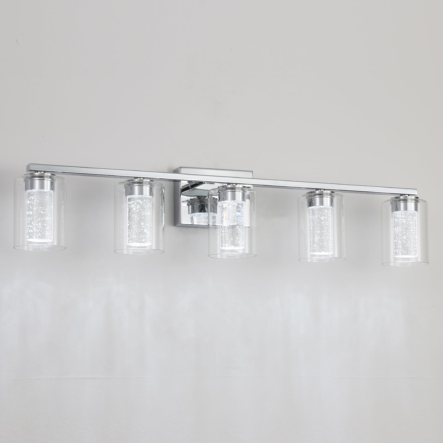 EMONG 5-Light Chrome Bathroom Light Fixtures,Dimmable 5CCT LED Vanity Lights with Clear Glass,2700K-6500K Adjustable Crystal Bubble Bathroom Lights Over Mirror for Hallway,Living Room