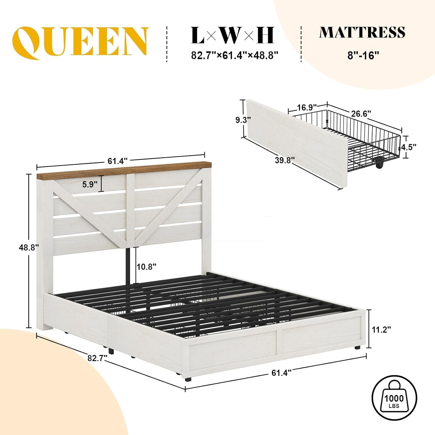 AMERLIFE Queen Size Farmhouse Bed Frame with 4 Drawers, Wooden Storage Bed Frame with Headboard and Heavy Duty Metal Slats, Noisy Free, Easy Assemble, White/Barnwood