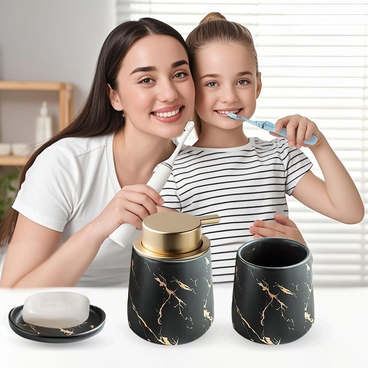 Bathroom Accessories Set Ceramic Bathroom Accessory Set Plant Patterns Accessories with Soap Dispenser Dish Tumbler for Home Decor Victorian(3 Piece Set-Black)
