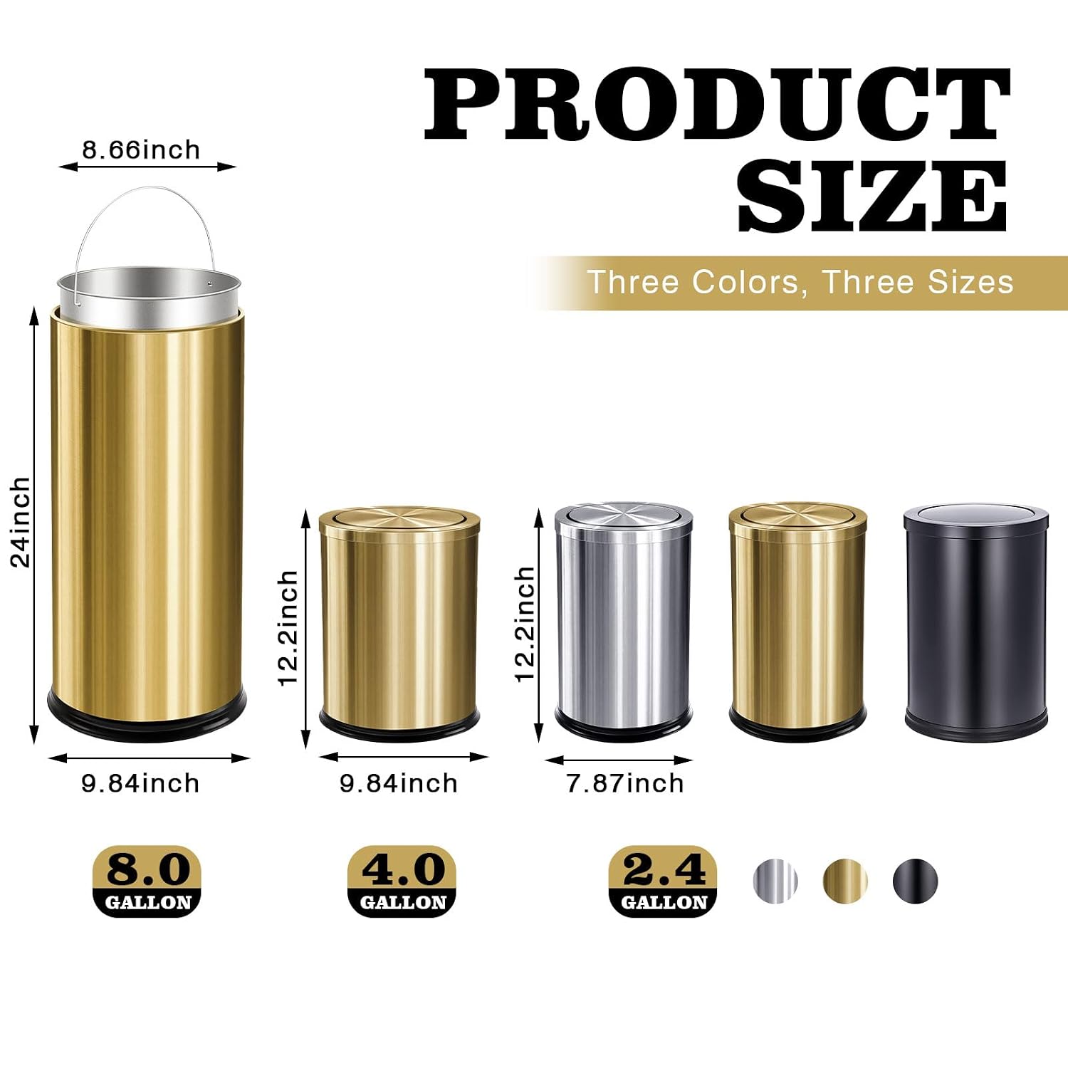 Maxdot 4 Pcs 2.4 Gallon/9 L Gold Bathroom Trash Can with Flip Lid and Toilet Brush Set, Hotel Small Stainless Steel Luxury Garbage Trash Can Wastebasket Bin for Home Bathroom Bedroom Kitchen Office