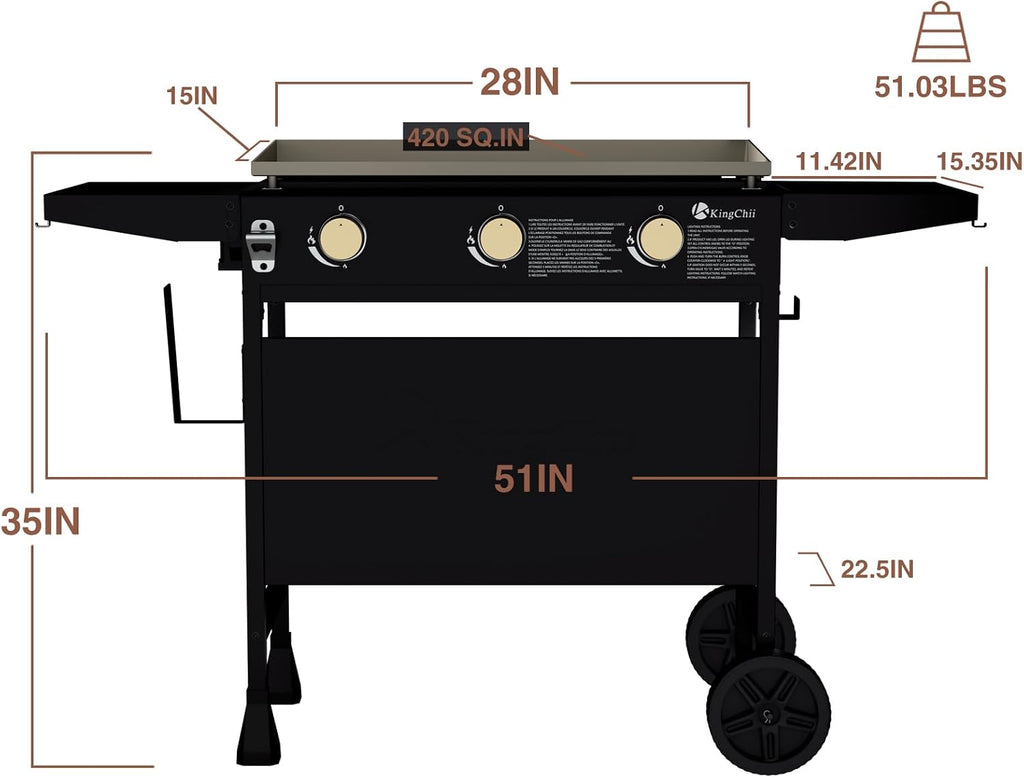 KingChii 28' 3-Burner Griddle with Counter Height Side Shelves, Powder Coated Steel, Black