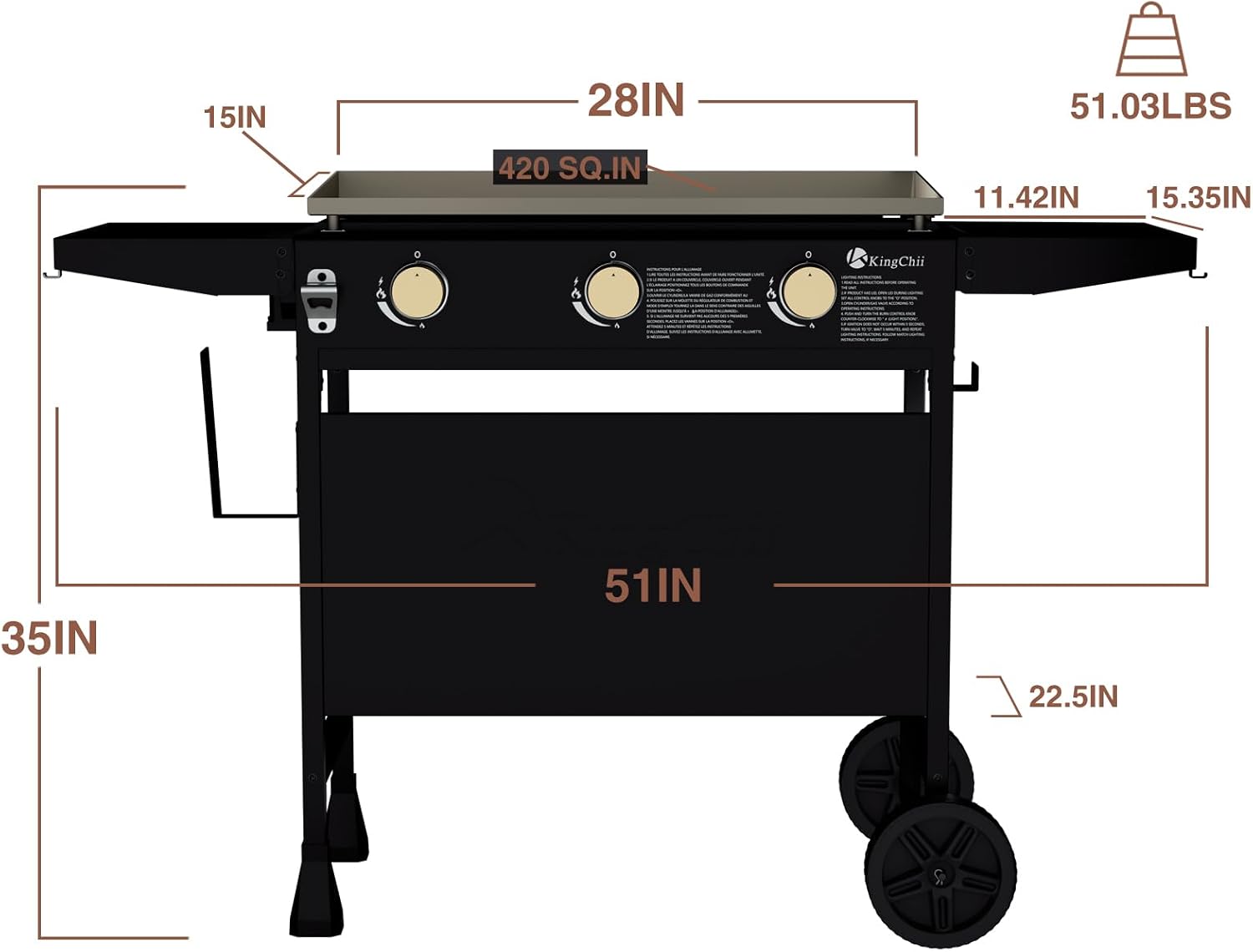 KingChii 28' 3-Burner Griddle with Counter Height Side Shelves, Powder Coated Steel, Black