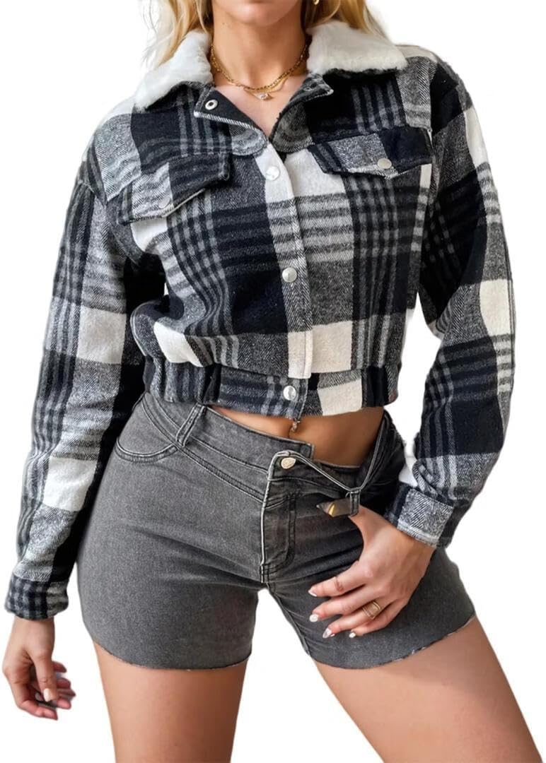 FMCHICO Womens Cropped Plaid Shacket Button Down Short Flannel Shirt Jacket