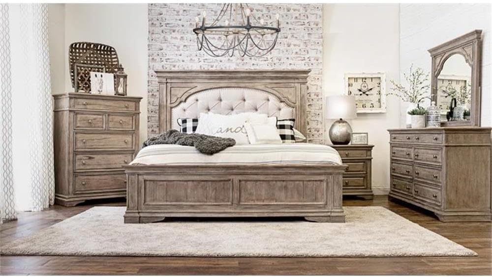 Pemberly Row King Panel Bed, Driftwood Gray Wood Frame, Upholstered Button Tufted Cream Fabric Headboard, Distressed Finish, Hardwood Solids and Veneers, Classic Bedroom Furniture, Requires Box Spring