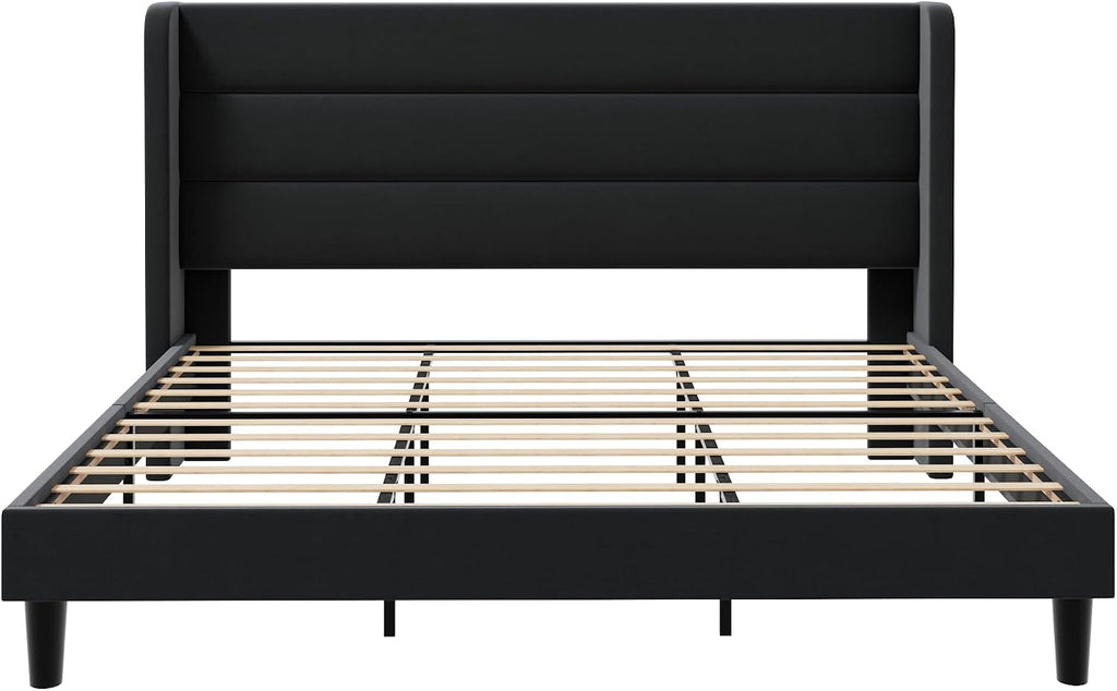 SHA CERLIN King Size Velvet Bed Frame with Wingback Headboard/Upholstered Platform Bed with Wooden Slats/Mattress Foundation/No Box Spring Needed/Easy Assembly/Black