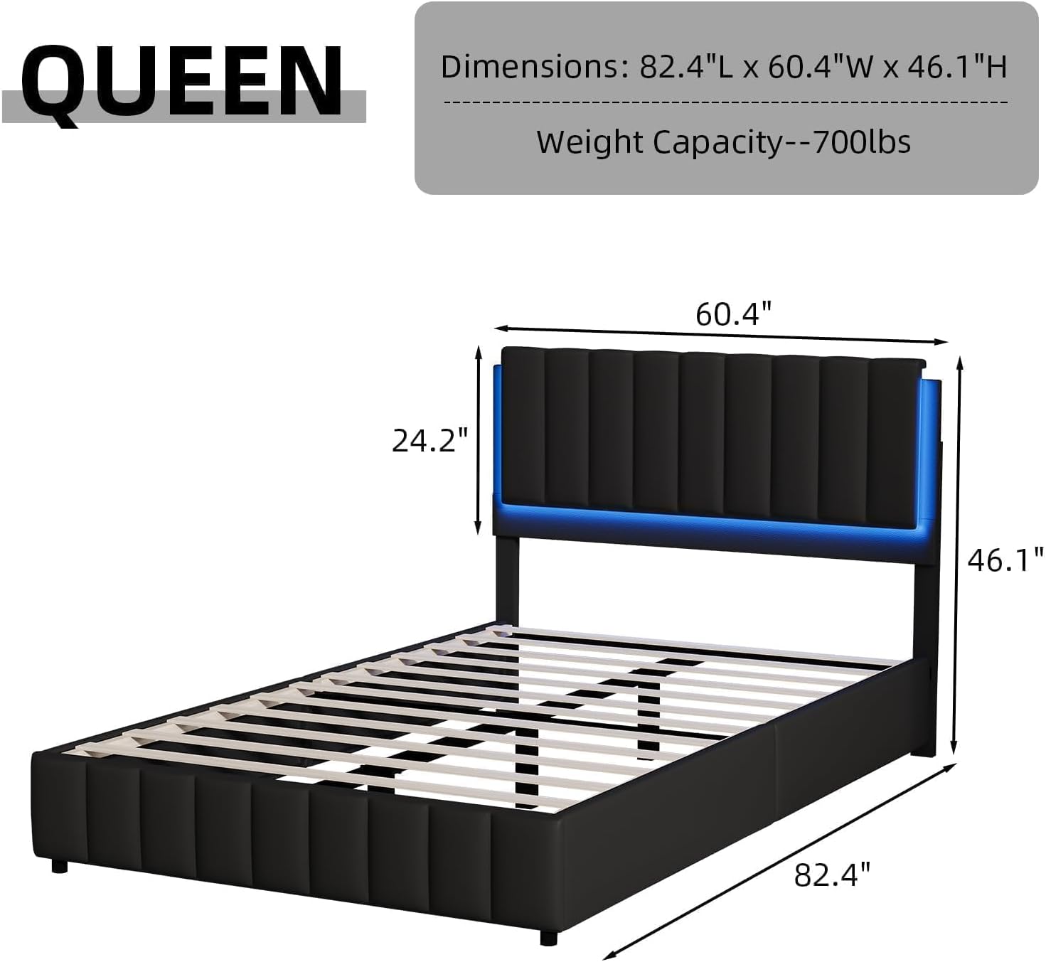 REVOMINCA Queen Size Bed Frame with Headboard and LED Lights, Modern Upholstered Faux Leather Platform Bed with Wooden Slats Support, No Box Spring Needed, Easy Assembly, Black