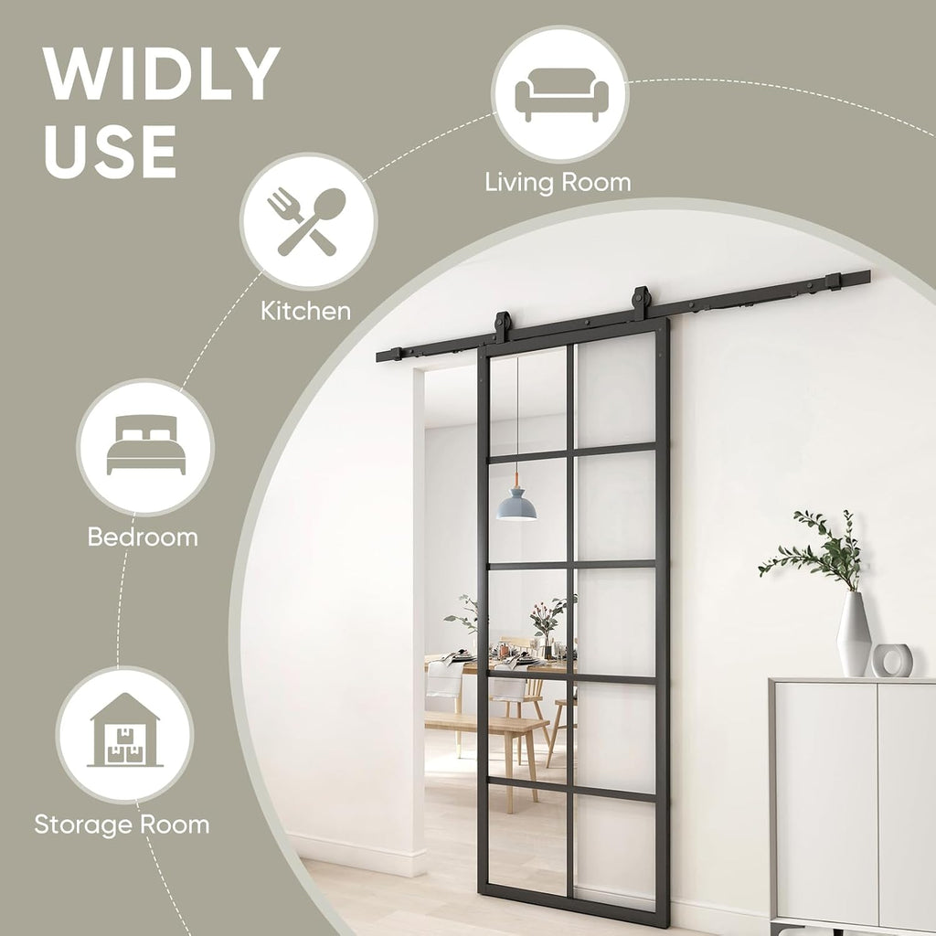 JUBEST DIY Glass Sliding Barn Door - 30in x 84in Modern French 5-Lite Clear Tempered Glass Aluminum Frame Sliding Closet Kitchen Door - Easy Assembly