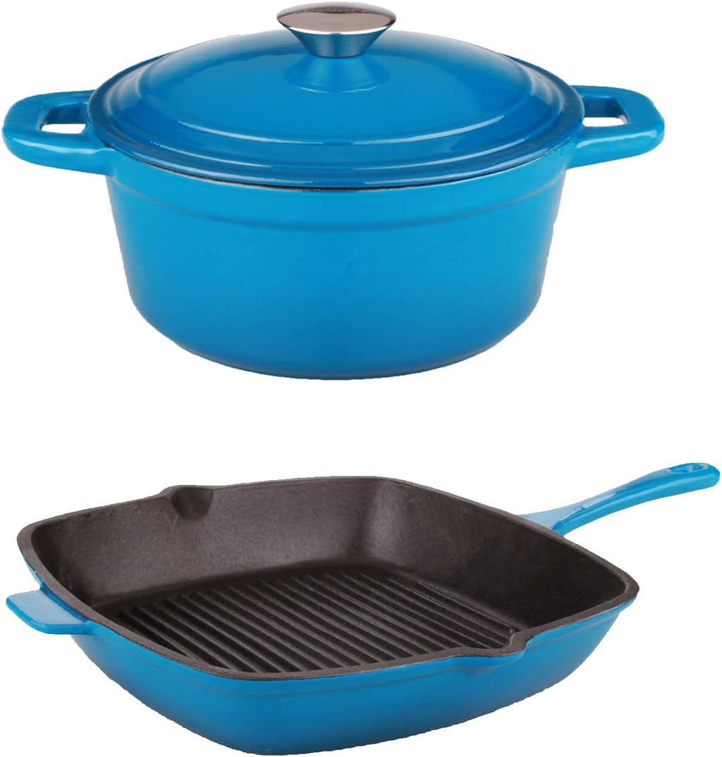 BergHOFF 3Pc Neo Enameled Cast Iron Cookware Set, 3qt. Dutch Oven, Matching Lid, Square Grill Pan 11 Inches, Oven Safe Up To 400°F, Blue