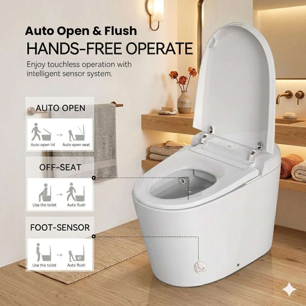 R&T U69-T One-Piece Smart Toilet with Pump-Assisted Flush & Built-in Tank, Chair Height Comfort - Auto Flush, Heated Seat, Warm Air Dryer, Auto Open Lid, Night Light, Deodorizer, Remote Control
