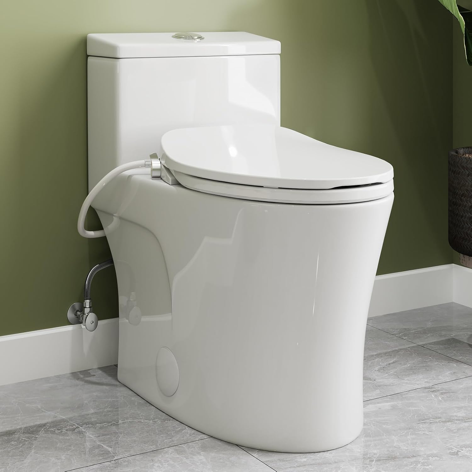 HOROW T0338W One Piece Toilet with Non-Electric Bidet Toilet Seat, Elongated ADA Chair Height Toilets with Adjustable Nozzles Seat, Powerful Dual Flush & Soft Closing Seat Include, White