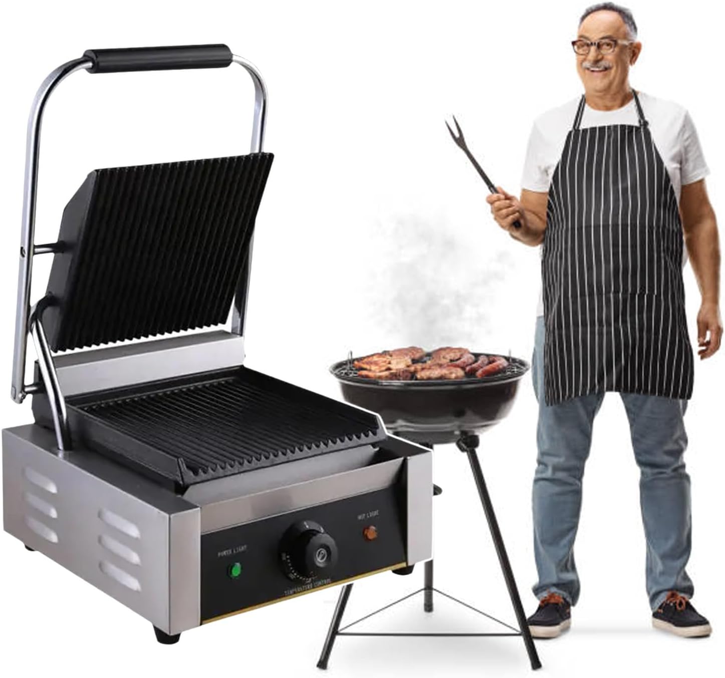 1800W Panini Grill, Sandwich Maker, Commercial Smokeless Indoor Grill, Removable Plates, Stainless Steel, For Steak, Hamburger, Waffle,110V