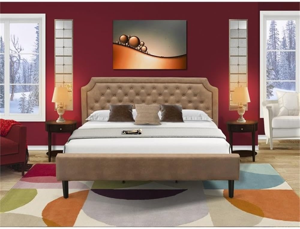 East West Furniture GB28K-2HI0M 3-Piece Granbury Bedroom set with Button Tufted King Bed and 2 Antique Mahogany Mid Century Nightstand - Brown faux Leather with Brown Texture and Black Legs