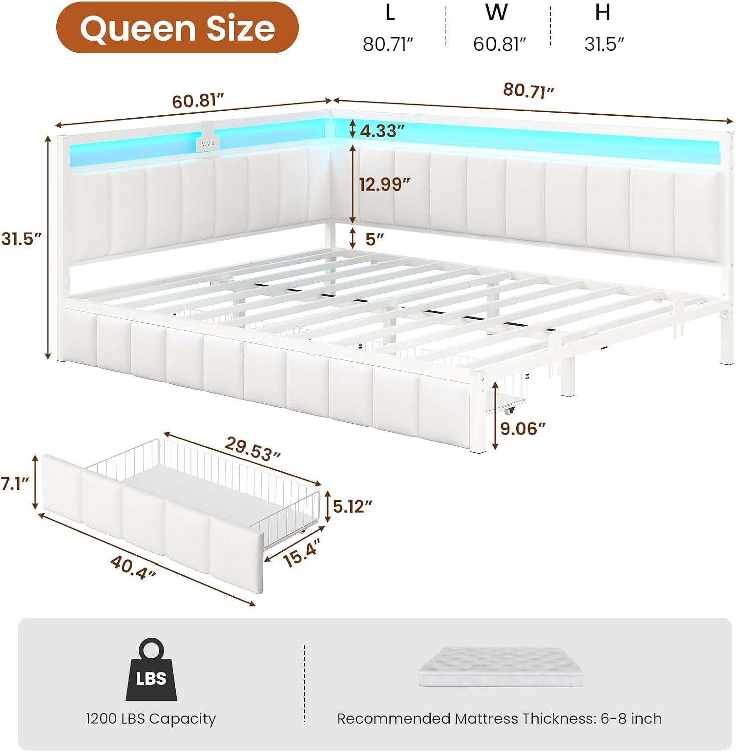 Hasuit Queen Corner Bed Frame with Storage Drawers, Queen Size Daybed with Line Fabric Upholstered Fence, Kids Bed Unit with LED Light and Charging Station, Modern Bed Frame Queenl Size, Beige