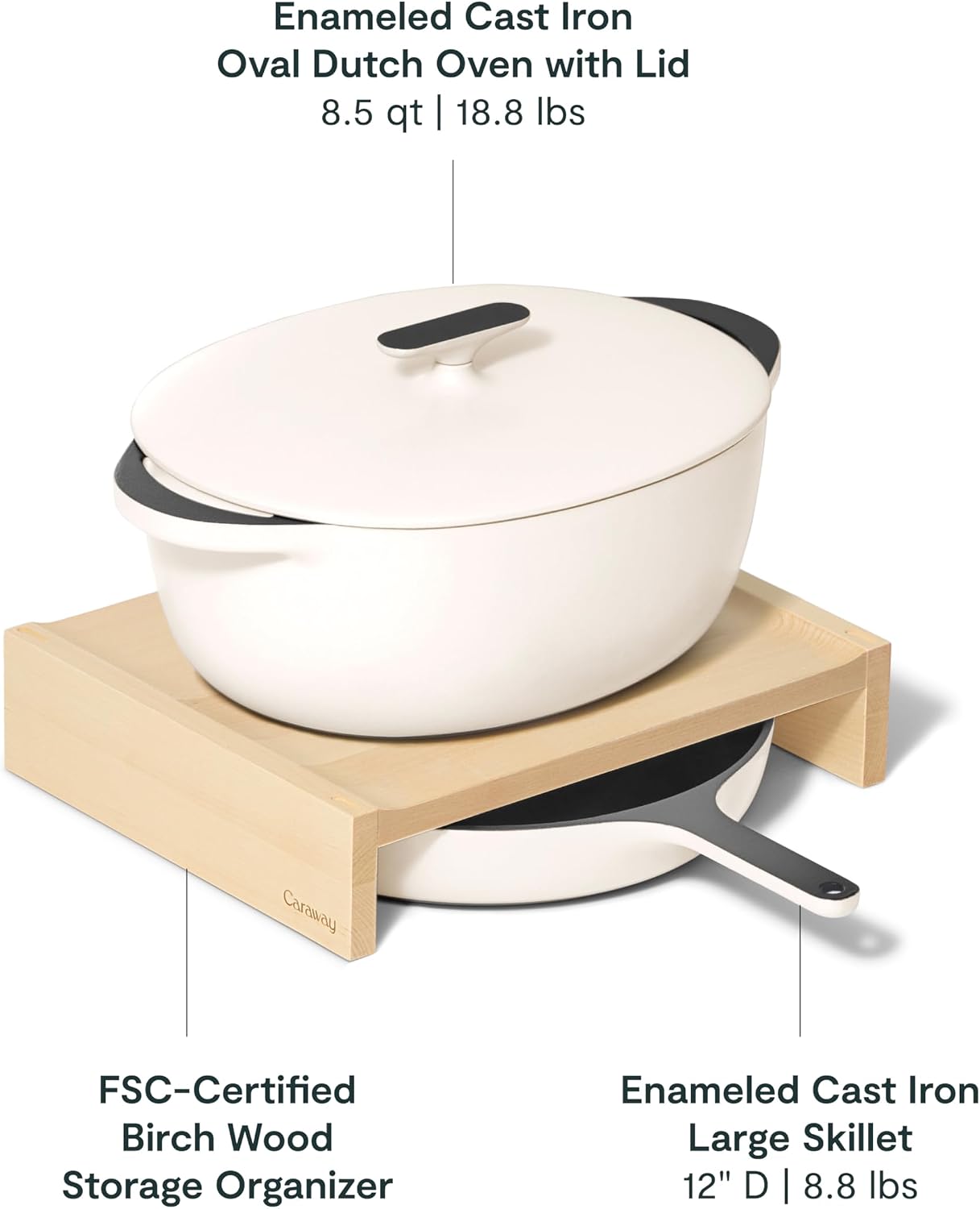 Caraway 4-Piece Enameled Cast Iron Duo - 12' Skillet, 8.5 qt Dutch Oven with Lid and Storage Organizer - Non-Toxic 3-Layer Enamel Coating - No Seasoning Required - Cream