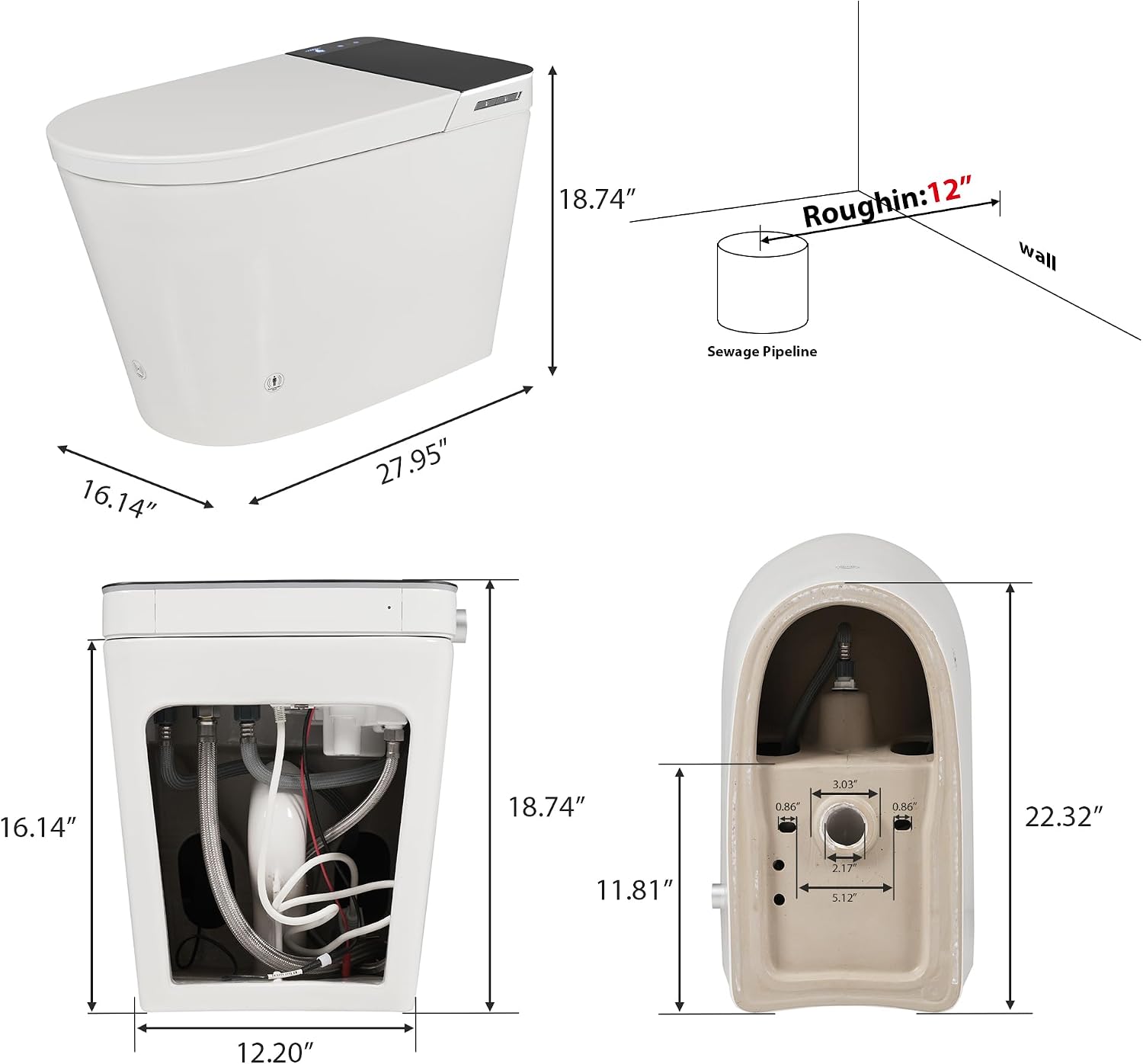 Tankless Smart Toilet with Bidet, Auto Lid, Foot Sensor, Heated Seat, Warm Water Wash & Dryer, Memory Function, Remote Control, LED Display, One-Piece White Ceramic Toilet