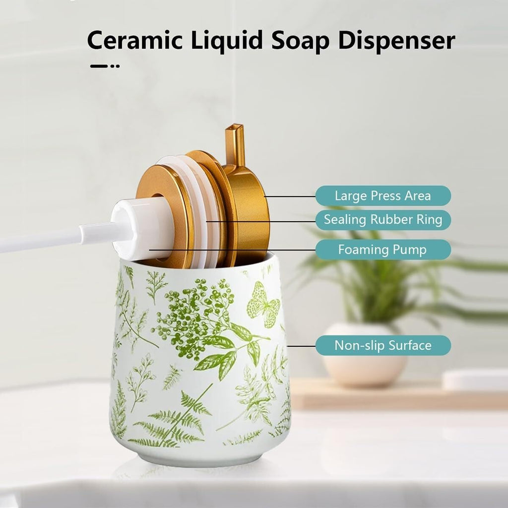 Bathroom Accessories Set Ceramic Bathroom Accessory Set Plant Patterns Accessories with Soap Dispenser Dish Tumbler for Home Decor Victorian(4 Piece Set-Greenery)