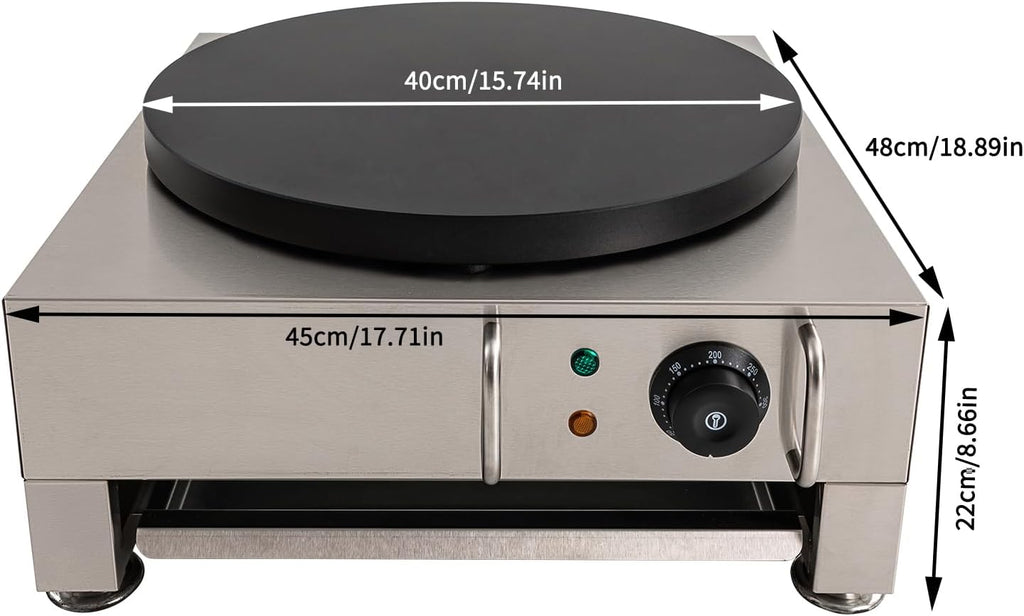 Commercial Electric Crepe Maker Machine, 16 Inch Non-Stick Large Griddle Machine with Adjustable 50-300℃, 1650W 110V Stainless Steel Surface Pancake Maker with Wooden Spreader for Kitchen