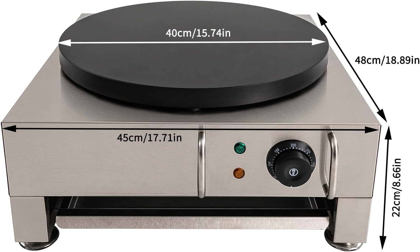 Commercial Electric Crepe Maker Machine, 16 Inch Non-Stick Large Griddle Machine with Adjustable 50-300℃, 1650W 110V Stainless Steel Surface Pancake Maker with Wooden Spreader for Kitchen