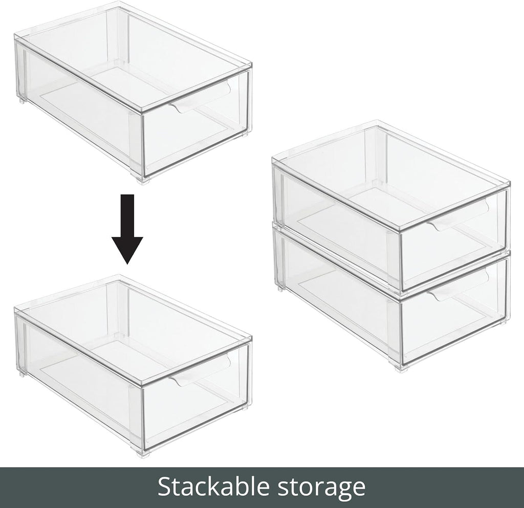 mDesign Plastic Stackable Bathroom Storage Organizer Bin with Pull Out Drawer for Cabinet, Vanity, Shelf, Cupboard, Cabinet, or Closet Organization - Lumiere Collection - 8 Pack - (Clear, 8 x 12 x 4)