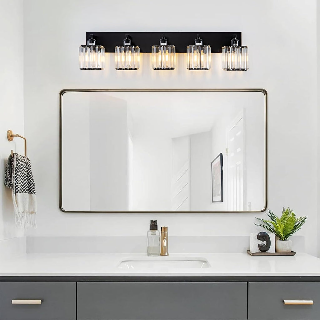 Black Crystal Bathroom Lighting Fixtures, 5 Light Modern Crystal Bathroom Vanity Lights Over Mirror, Wall Light Bathroom Light Fixtures