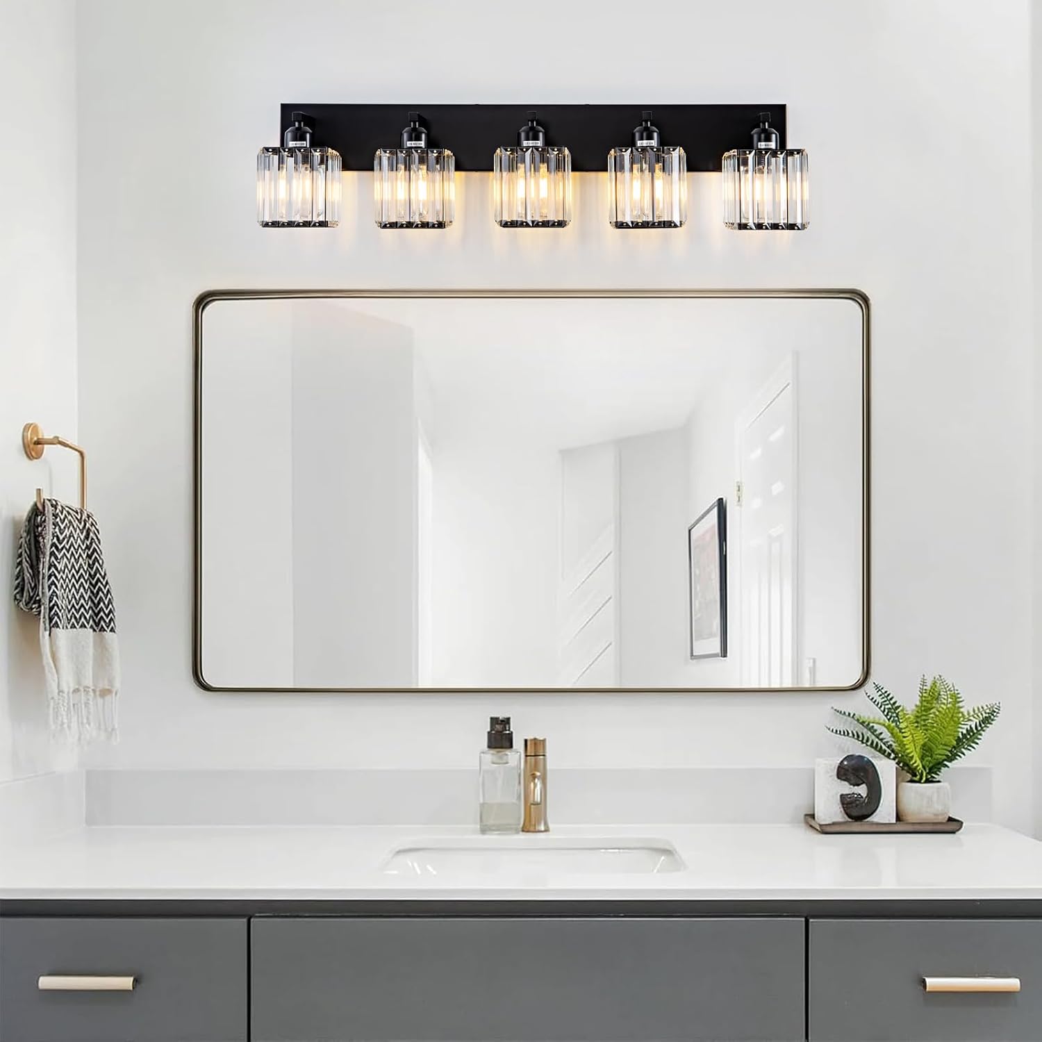 Black Crystal Bathroom Lighting Fixtures, 5 Light Modern Crystal Bathroom Vanity Lights Over Mirror, Wall Light Bathroom Light Fixtures