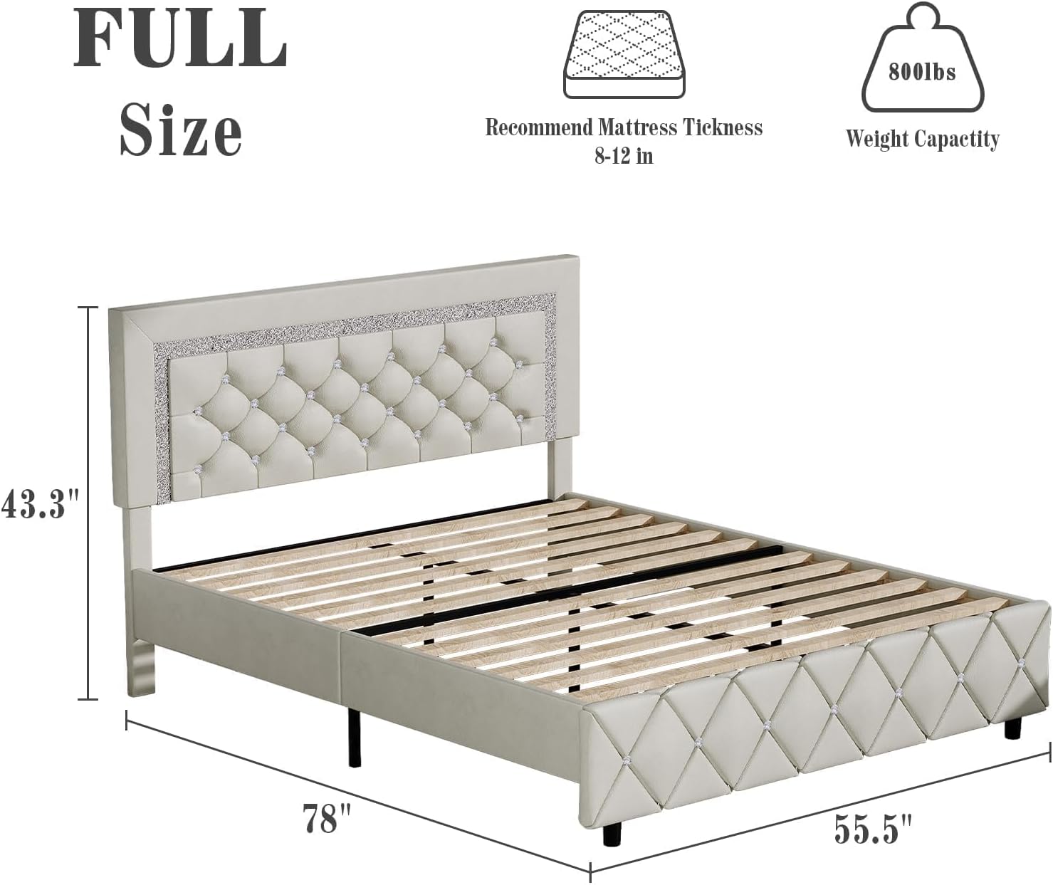 BarnFurin Full Bed Frame with Diamond Tufted Headboard, Faux Leather Upholstered Bed with Wooden Slats Support, No Box Spring Needed, Mattress Foundation, Easy Assembly, Cream