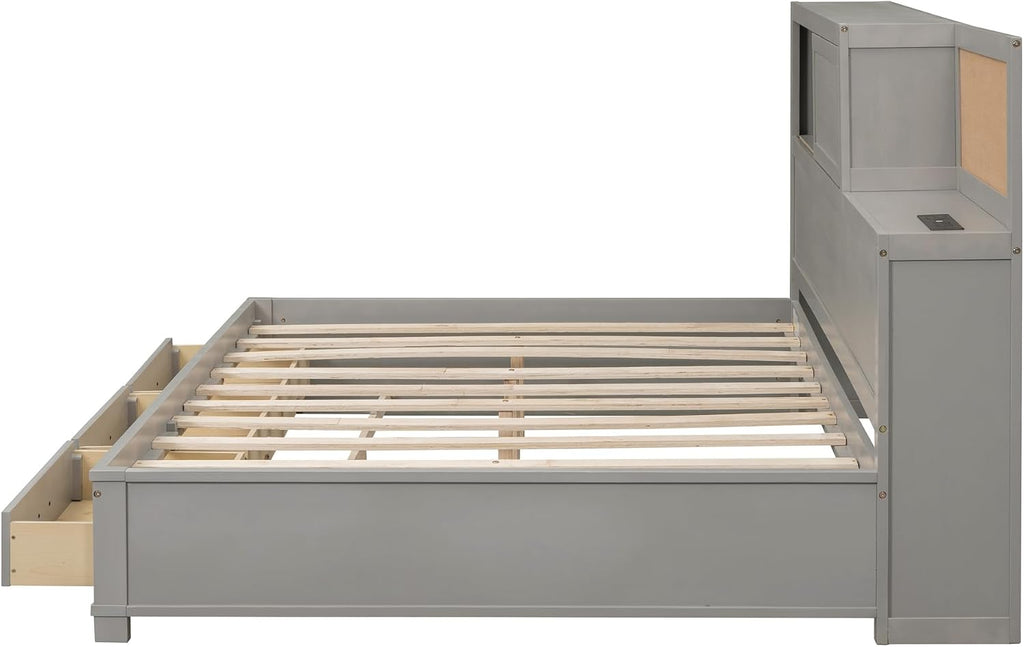 Merax Full Size Daybed with 3 Storage Drawers,Headboard with Shelf,A Set of Sockets and USB Ports,Grey